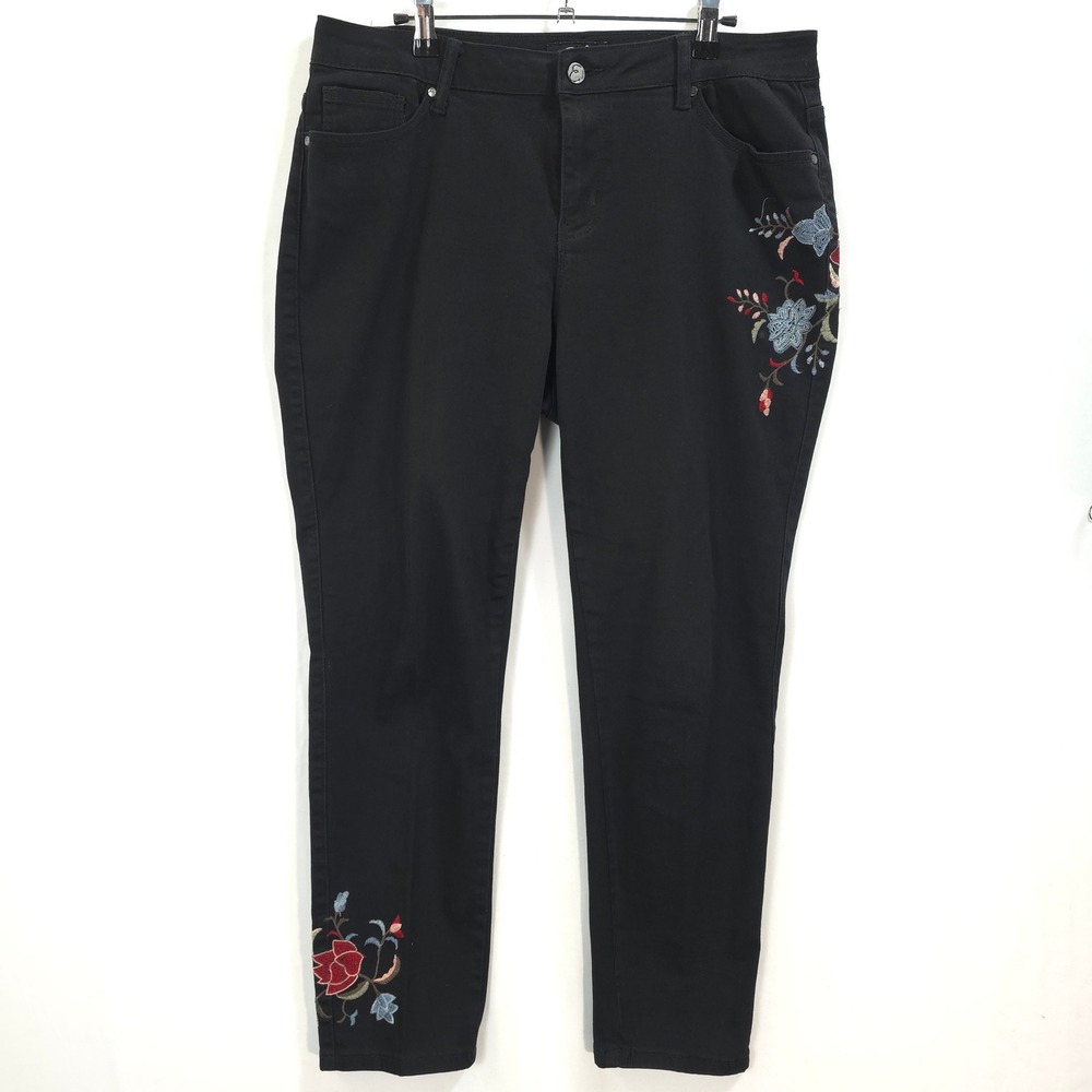 Floral Embroidered Black Jeans Skinny Ankle Pants Women 16 Boho Cottagecore